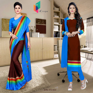 Coffee and Blue Women's Premium Silk Chiffon Plain Gala Border College Uniform Sarees Salwar Combo