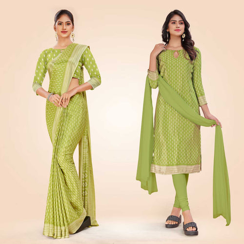 Yellow Women's Premium Silk Chiffon Small Butty College Uniform Saree Salwar Combo