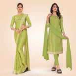 Green Women's Premium Silk Chiffon Small Butty School Teacher Uniform Saree Salwar Combo