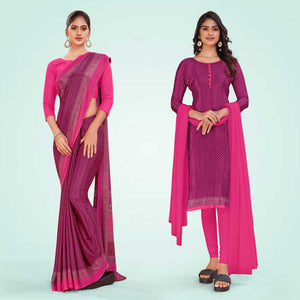 Wine and Rani Pink Women's Premium Italian Silk Small Butty Women's Uniform Saree Salwar Combo