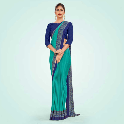 Pistachio and Turquoise Women's Premium Italian Silk Plain Gaala Border Resort Uniform Saree