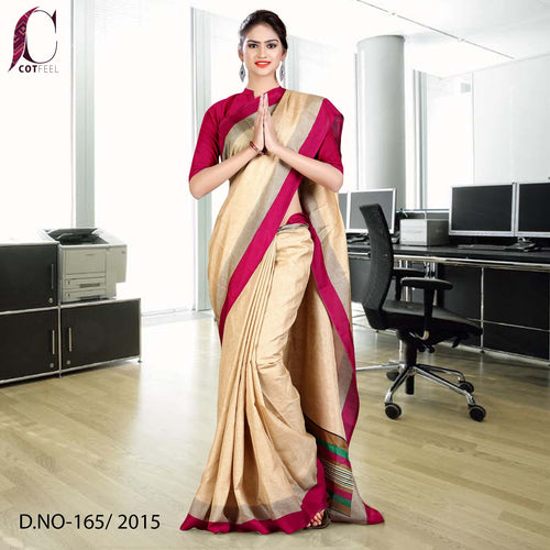 Pink and Beige Women's Premium Manipuri Cotton Gala Border College Uniform Saree With Blouse Piece