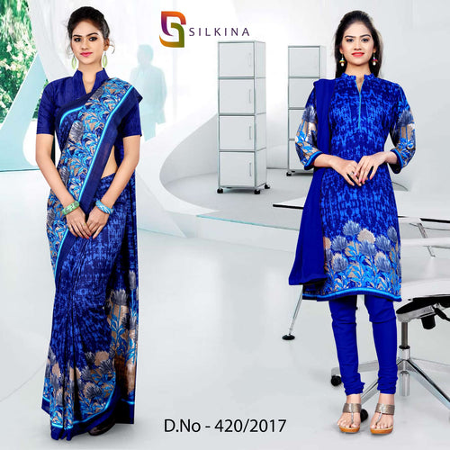 Dark Blue Women's Premium Silk Georgette Eyecatchers School Uniform Sarees Salwar Combo