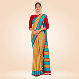 Aqua Blue and Pink Women's Premium Manipuri Cotton Small Butty Receptionist Uniform Saree