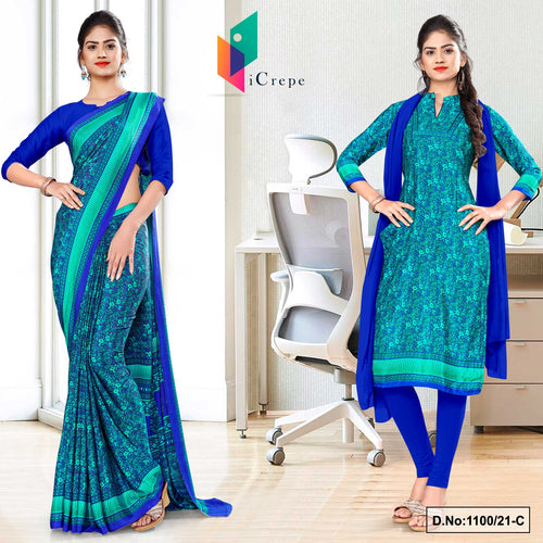 Sea Green Blue Women's Premium Italian Silk Paisley Print Uniform Sarees Salwar Combo For Office Wear