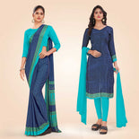 Navy Blue and Turquoise Women's Premium Italian Silk Small Butty Resort Uniform Saree Salwar Combo