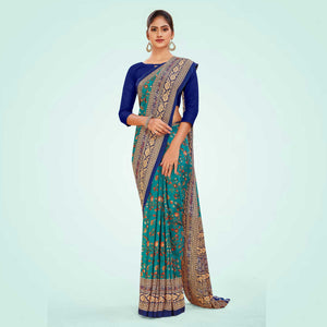 Turquoise and Navy Blue Women's Premium Italian Silk Floral Print College Uniform Saree