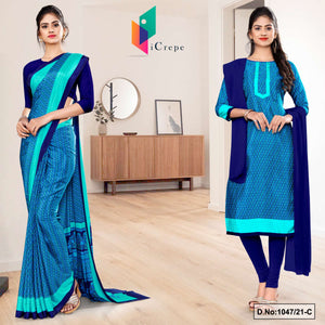 Navy Blue Sea Green Women's Premium Italian Silk Small Butty Uniform Sarees Salwar Combo For Institutions