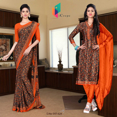 Brown and Rust Women's Premium Italian Silk Floral Print Hotel Uniform Sarees Salwar Combo