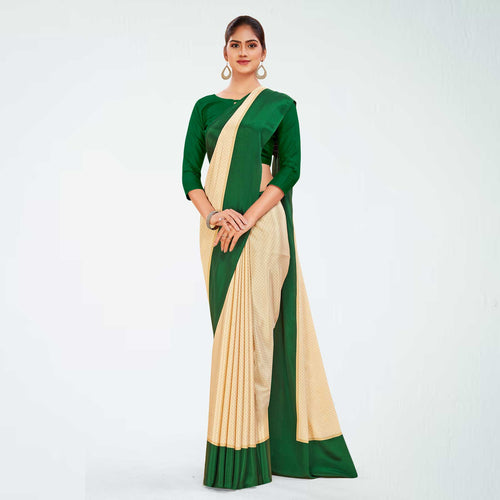 Beige and Bottle Green Women's Premium Silk Chiffon Plain Gaala Border Industrial Uniform Sarees With Blouse Piece