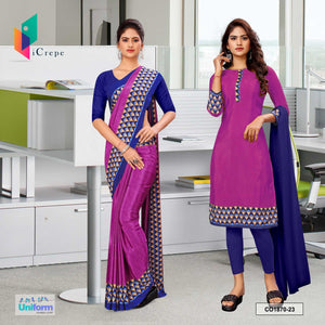 Lavender and Blue Women's Premium Italian Silk Geomatrical Print Hotel Uniform Saree Salwar Combo