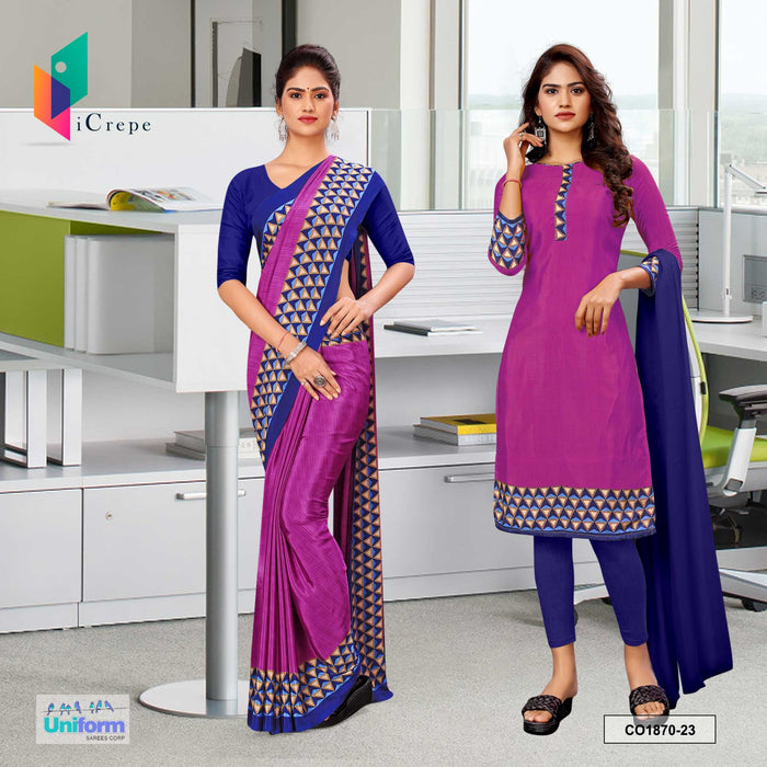 Lavender and Blue Women's Premium Italian Silk Geomatrical Print Hotel Uniform Saree Salwar Combo