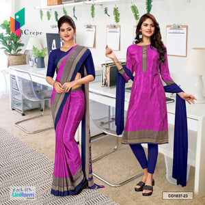 Lavender and Blue Women's Premium Silk Crepe Plain Border Teachers Uniform Saree Salwar Combo