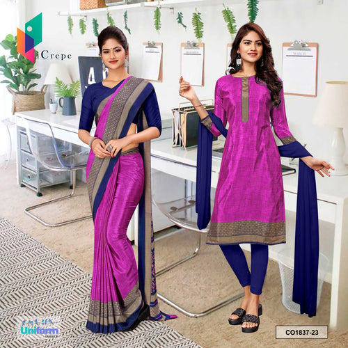 Lavender and Blue Women's Premium Silk Crepe Plain Border Teachers Uniform Saree Salwar Combo