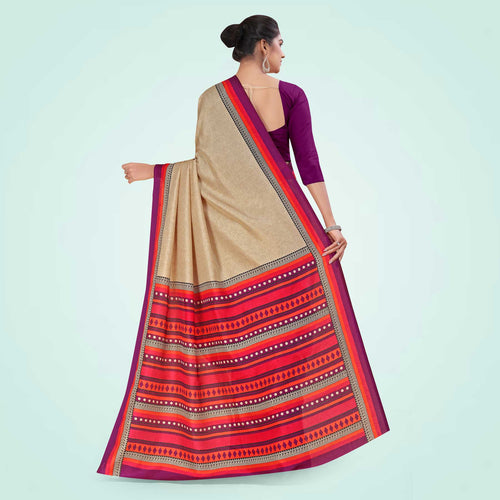 Beige and Bottle Green Women's Premium Manipuri Cotton Plain Gaala Border Front Office Uniform Saree