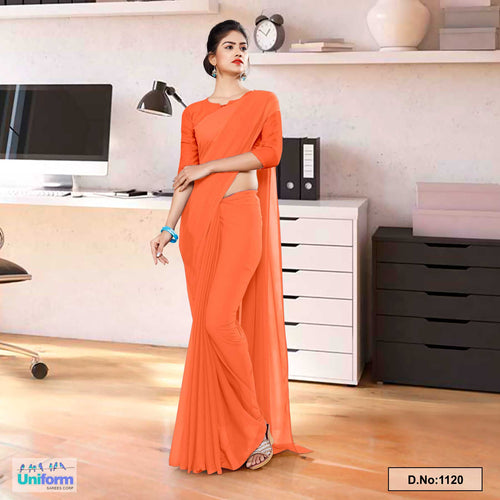 Light Orange Soft Georgette Plain Uniform Sarees For Institutional Office