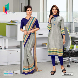 Light Ash and Blue Women's Premium Silk Crepe Plain Border Catering Staff Uniform Saree Salwar Combo