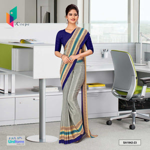 Light Ash and Blue Women's Premium Silk Crepe Plain Border Catering Staff Uniform Sarees With Blouse Piece