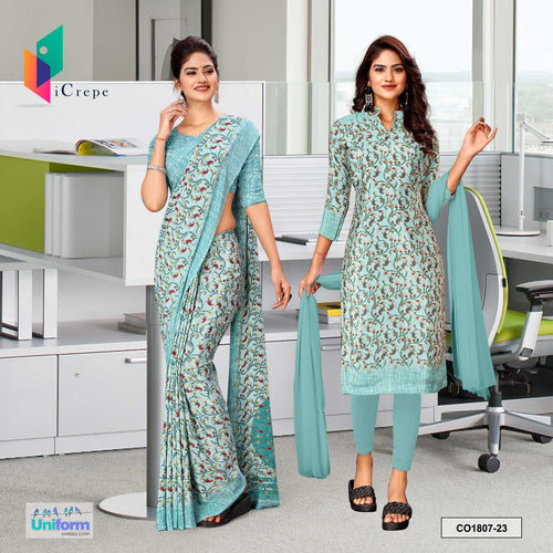 Light Blue Women's Premium Italian Silk Paisley Print Receptionist Uniform Saree Salwar Combo