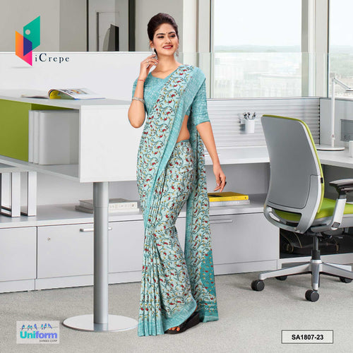 Light Blue Women's Premium Italian Silk Paisley Print Receptionist Uniform Sarees With Blouse Piece