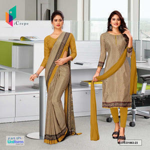 Light Chocolate Women's Premium Silk Crepe Small Print Traditional Teachers Uniform Saree Salwar Combo