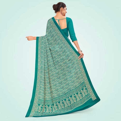 Bottle Green Women's Premium Italian Silk Ikat Print Air Hostess Uniform Saree