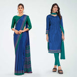 Bottle Green and Navy Blue Women's Premium Italian Silk Discipline Day Teachers Uniform Saree Salwar Combo