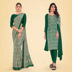 Bottle Green Women's Premium Italian Silk Ikat Print Air Hostess Uniform Saree Salwar Combo