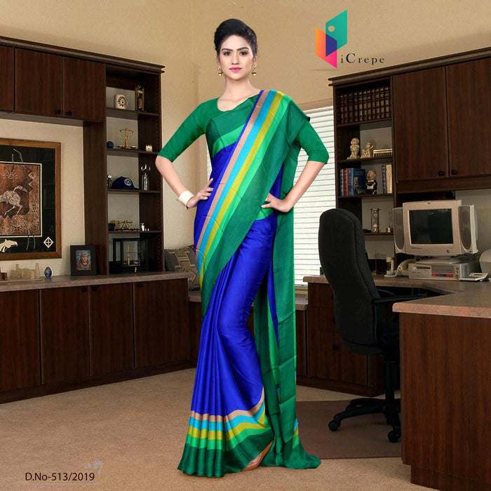 Blue And Green Italian Crepe Silk Hospital Uniform Saree