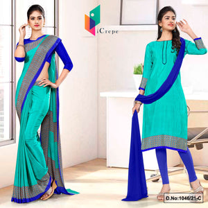 Sea Green Blue Women's Premium Italian Silk Discipline Day Uniform Sarees Salwar Combo For Hospital Staff