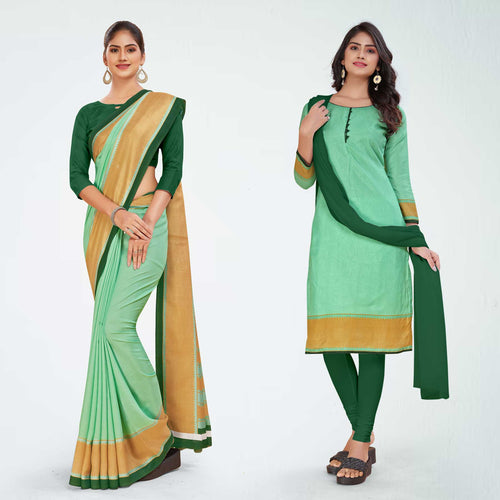 Pistachio and Botlle Green Women's Premium Manipuri Cotton Plain Gaala Border Office Uniform Saree Salwar Combo