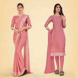 Beige Women's Premium Silk Chiffon Small Butty Housekeeping Uniform Saree Salwar Combo