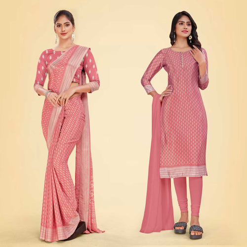 Beige Women's Premium Silk Chiffon Small Butty Housekeeping Uniform Saree Salwar Combo