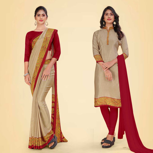 Navy Blue and Maroon Women's Premium Italian Silk Plain Gaala Border Office Uniform Saree Salwar Combo