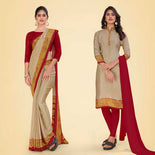 Beige and Maroon Women's Premium Italian Silk Plain Gaala Border Housekeeping Uniform Saree Salwar Combo