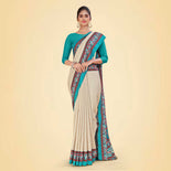 Beige and Navy Blue Women's Premium Manipuri Cotton Plain Gaala Border Showroom Uniform Saree