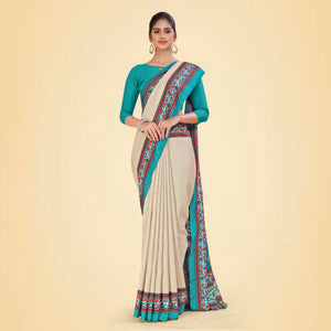 Beige and Turquoise Women's Premium Manipuri Cotton Plain Gaala Border Teachers Uniform Saree