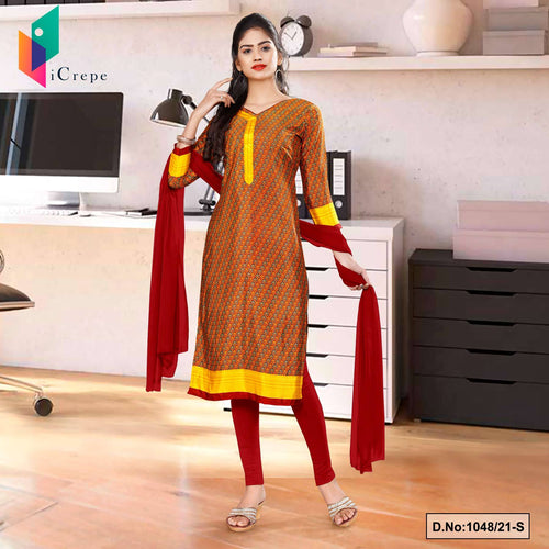 Maroon Gold Multi Color Print Premium Italian Silk Crepe Uniform Salwar Kameez For Hotel Staff
