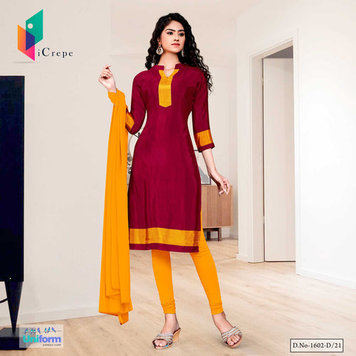Maroon Gold Premium Italian Silk Crepe Churidar For Front Office Staff