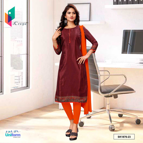 Maroon and Orange Women's Premium Silk Crepe Plain Border Jewellery Showroom Uniform Salwar Kameez