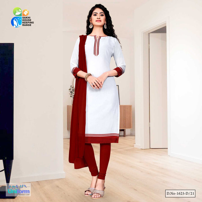 Maroonn White Premium Georgette Mother Teresa Hospital Uniform Churidar For Cleaning Staff