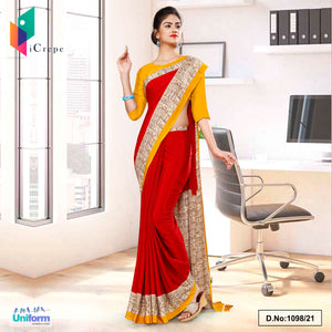 Marron Yellow Gold Plain Border Premium Italian Crepe Uniform Sarees For Front Office Staff