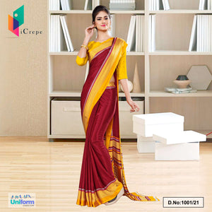 Marron Yellow Italian Silk Crepe Saree For School Uniform Sarees