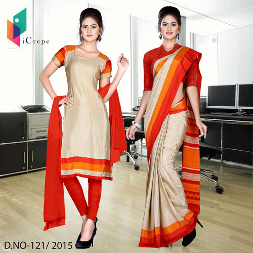 Beige and Red Women's Premium Italian Silk Discipline Day Housekeeping Uniform Sarees Salwar Combo