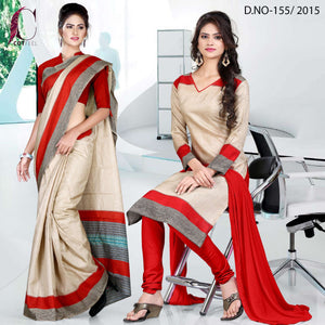 Beige and Red Women's Premium Manipuri Cotton Plain Gaala Border Hospital Uniform Sarees Salwar Combo