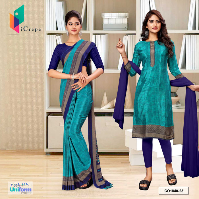 Morpich and Blue Women's Premium Silk Crepe Plain Border Hospital Uniform Saree Salwar Combo