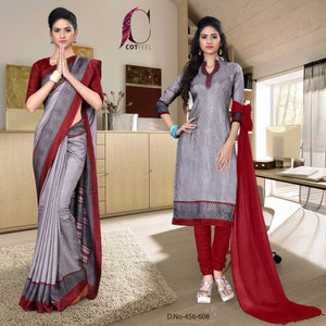 Gray and Maroon Women's Premium Manipuri Cotton Plain Gala Border College Uniform Sarees Salwar Combo