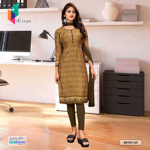 Musterd Brown Women's Premium Silk Crepe Pochampalli Print Hotel Uniform Salwar Kameez
