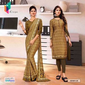Musterd Brown Women's Premium Silk Crepe Pochampalli Print Hotel Uniform Saree Salwar Combo