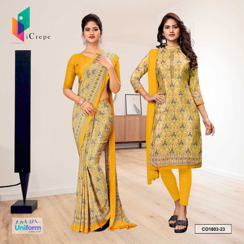 Musterd Yellow Women's Premium Italian Silk Ikat Print Hospital Uniform Saree Salwar Combo